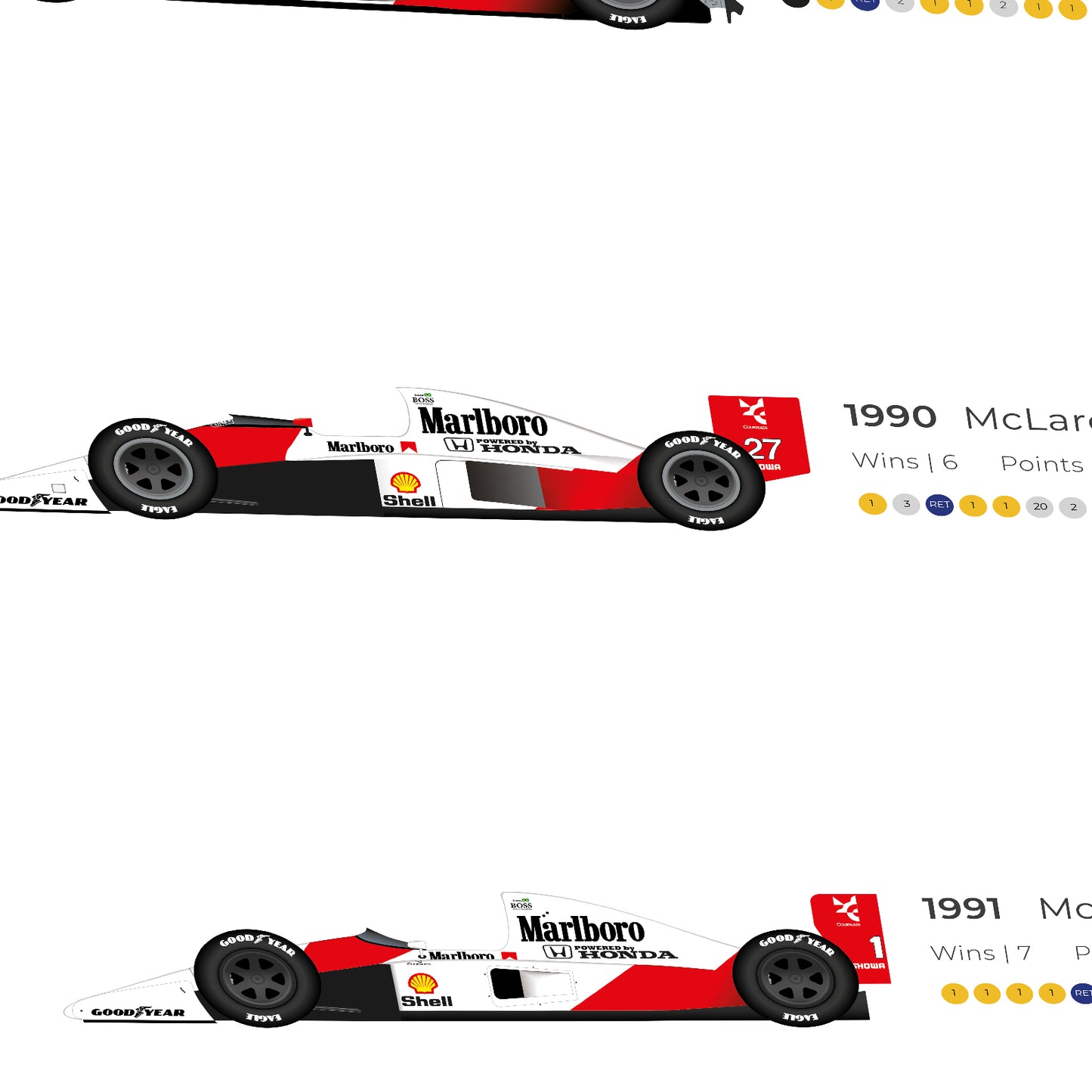 a series of three racing cars on a white background
