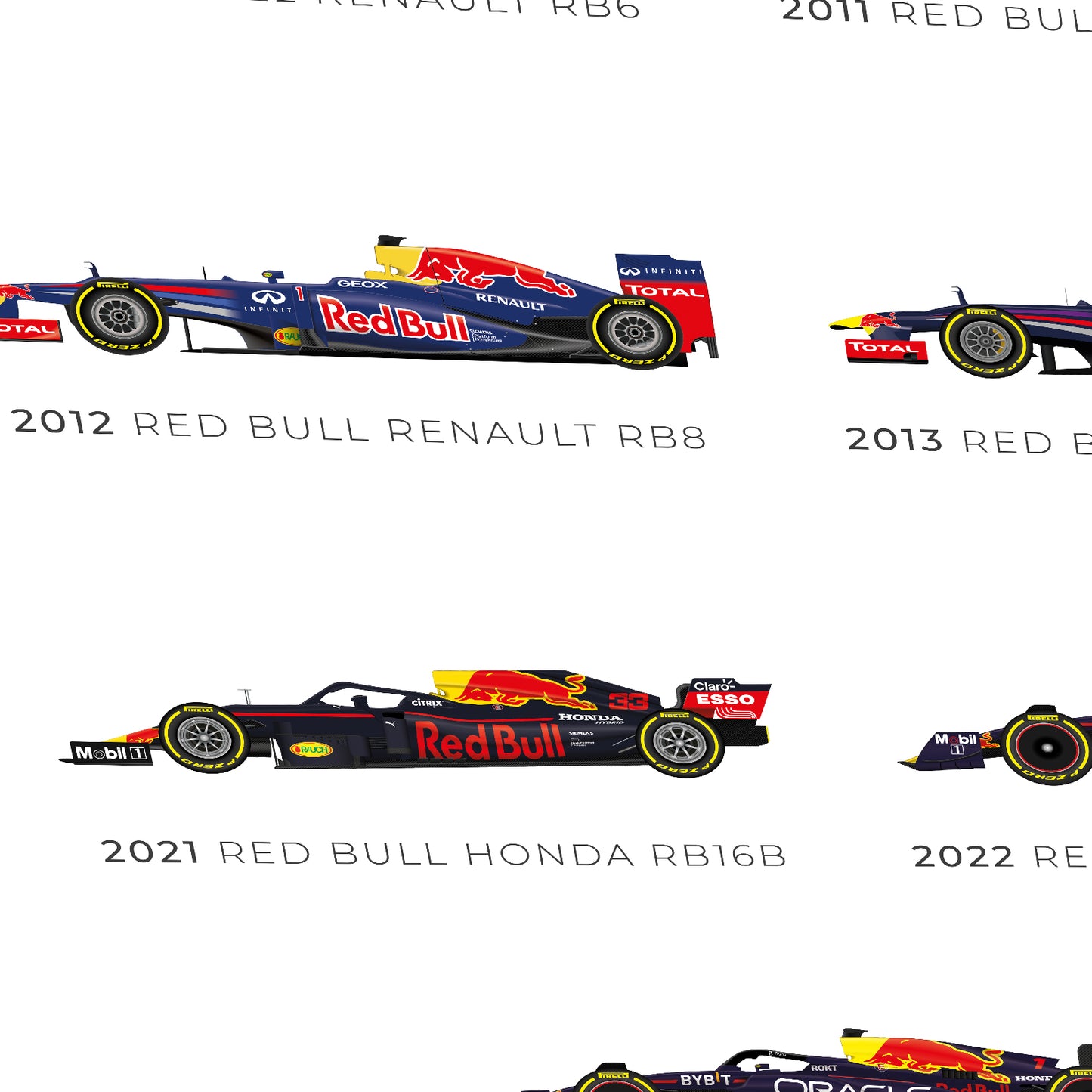 a red bull racing car is shown in four different positions