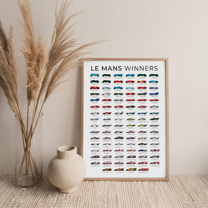 Le Mans winning cars poster in a natural wood frame beside a vase