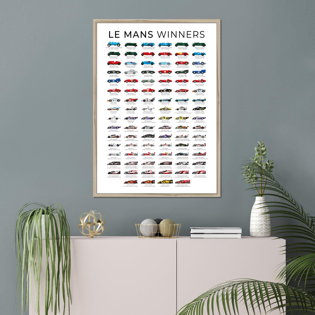 Le Mans car illustration poster displayed on a wall in a natural frame